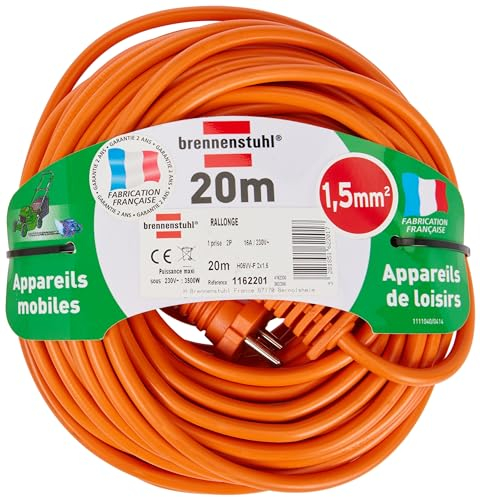Brennenstuhl Cordon prolongateur (20 m) avec fiche 2P (16A/230V), rallonge électrique avec câble H05VV-F 2x1,5), Orange, 20 m