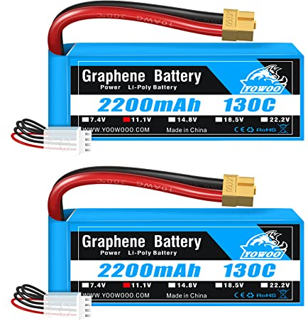 Yowoo 2Pcs 11.1v 3S 2200mAh 130C Lipo Akku mit XT60 Stecker RC Batterie für E-Flite Valiant Parkzone E4F Wildkatze Großflugzeuge E-Cub RC Auto Boot LKW Heli Flugzeug Quadcopter Hubschrauber
