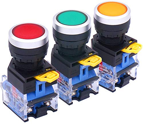 Taiss 3pcs 22mm Momentary Push Button Switch 10A 440V 1NO 1NC Red Yellow Green Sign DPST Pushbutton Switches LA38-11BNRYG