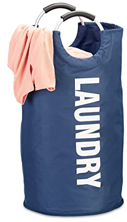 Relaxdays Sacco Portabiancheria Pieghevole, con Manici, Contenitore per Biancheria Rotondo, 60 l, HxØ: 70 x 38 cm, Blu, Poliestere