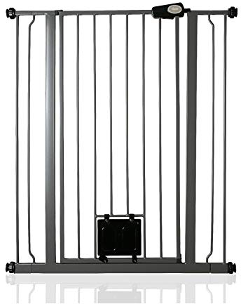 Bettacare Haustiergitter mit Verriegelbarer Katzenklappe, 87.9cm - 95.5cm, Schiefergrau, 104cm in der Höhe, Extra Hohes Haustier Sicherheitsgitter mit Katzenklappe, Einfache Installation
