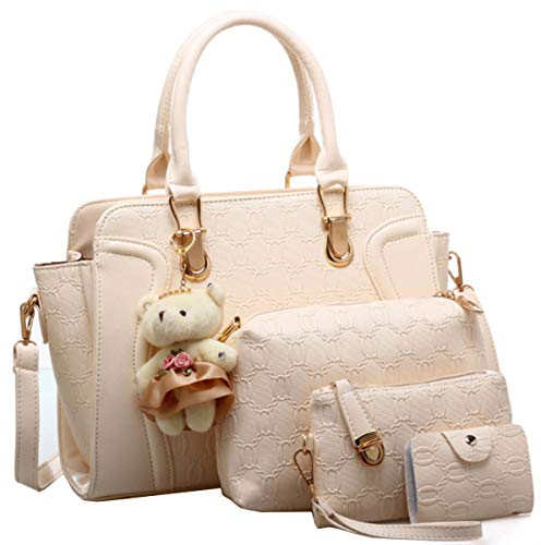 FiveloveTwoDamen 4Tlg. Handtaschen Set Umhängetasche Schultertasche Tasche PU Shopper Clutch Kartenhalter Geldbörse Tragetasche mit Bär Ornamente (Beige)