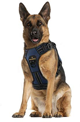 MASBRILL Hundegeschirr Grosse Hunde, Anti Zug Geschirr Hunde Brustgeschirre Einstellbar und Reflektierend, Weich Atmungsaktiv Gepolstert Hundegeschirr mit Grifff für Walken(Blau XL)
