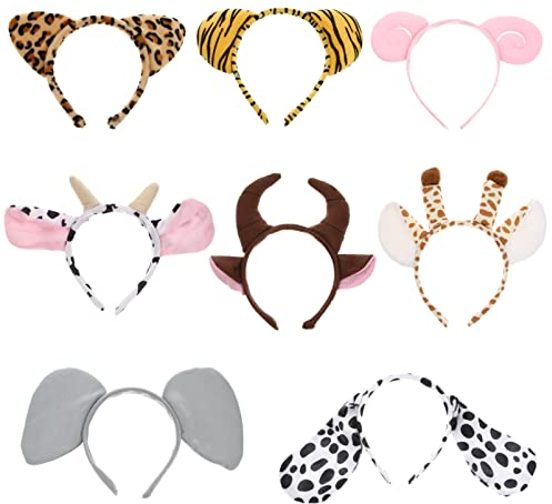 Minkissy Zootiere Ohren Stirnband Dschungel Safari Tiere Haarbänder Elefant Giraffe Tiger Kuh Leopard Halloween Thema Party Cosplay Haarreifen 8 Stück