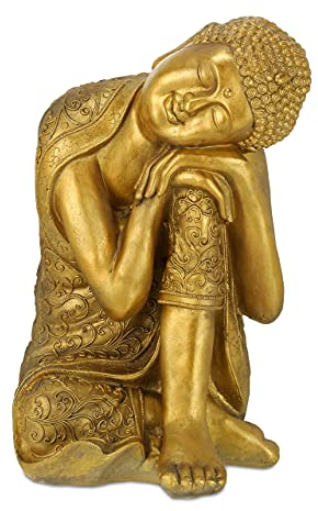 Relaxdays Buddha Figur Garten, wetterfest & frostsicher, XL Gartenbuddha ruhend, Gartenfigur, HBT: 61 x 40 x 37 cm, Gold