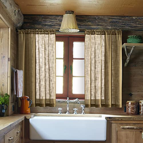 Vorhänge mit Jute-Textur, Stangendurchzug, für Küche, transparent, natürliche Leinenoptik, rustikal, Western- oder Farmhouse-Stil, für Bad, kleines Fenster, Schlafzimmer, 122 cm lang, Hellbraun/Beige