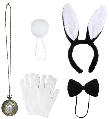 NITAIUN Bunny Zubehör Set Kaninchen-Zubehör-Set Frauen Hasen Zubehör Set Hasenohren Stirnband Fliege Manschetten Schwanz für Halloween Ostern Weihnachten Kostüm Cosplay-Party Einheitsgröße