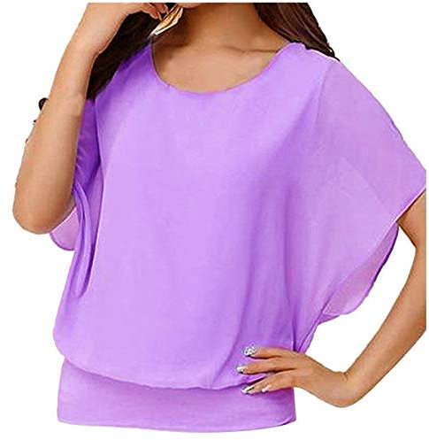 Maglia estiva da donna, a maniche corte, casual, tunica grande, per feste, in chiffon, elegante, a maniche corte, in cotone, taglie grandi, sexy, Lilla, M
