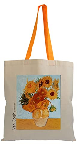 Shopper Tasche Baumwolle Van Gogh 38 x 42 cm Lange Griffe 70 cm Farben Schwarz Natur Beige, Beige - Sunflowers, 38x42cm