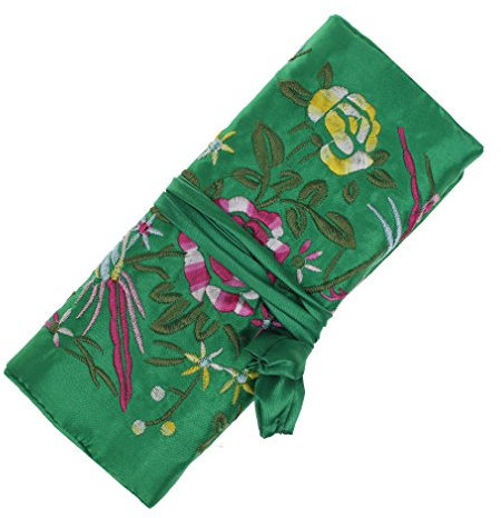 Lidwot Dark Green Silk Jewelry Organizer Roll for Travel – Vintage Embroidery Storage Bag with Zippered Pockets, Foldable Pouch for Rings, Necklaces & Earrings, Compact Luxury Gift