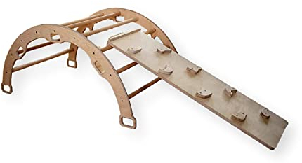 Montessori Kletterbogen | Kletterbogen mit Kissen & Rampe | Bogenwippe aus Holz für Kinder | Groß Kletterbogen mit Kissen und Leiter Rampe oder Felswand Rampe (Bogen mit Felswand Rampe)