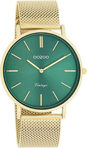Oozoo Vintage Damen Uhr in Gold/Grün- Armbanduhr Damen mit Milanaise-Metallband - Analog Damenuhr in rund