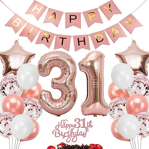 Feelairy Geburtstagsdeko 31 Jahre Frauen, Rosegold Luftballon 31. Geburtstag Deko Frau, Tortendeko Happy 31th Birthday Deko 31 Jahre Frauen, Ballon 31. Geburtstag Frau Party Dekoration Set