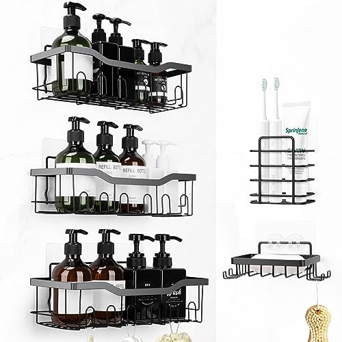Cinnani Duschablage Ohne Bohren 5 Stück Duschregal Schwarz, Duschkorb Selbstklebend, Shampoo Halterung für Dusche, Badezimmer Regal, Eingebauten Haken, mit Seifenhalter und Zahnbürstenhalter