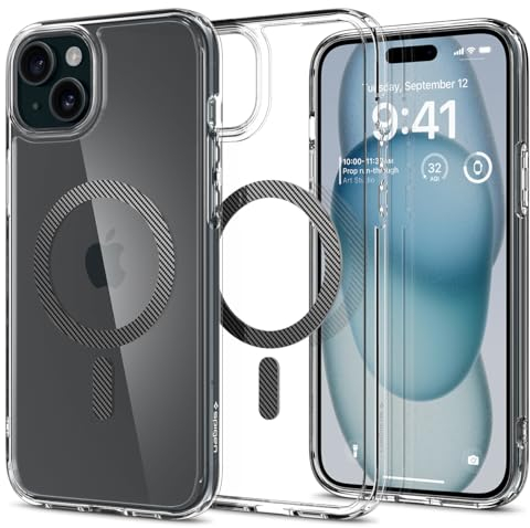 Spigen für iPhone 15 Ultra Hybrid MagFit Hülle [Anti-Yellowing] Case Handyhülle Transparent Dünn Slim Kompatibel mit MagSafe -Carbon Fiber