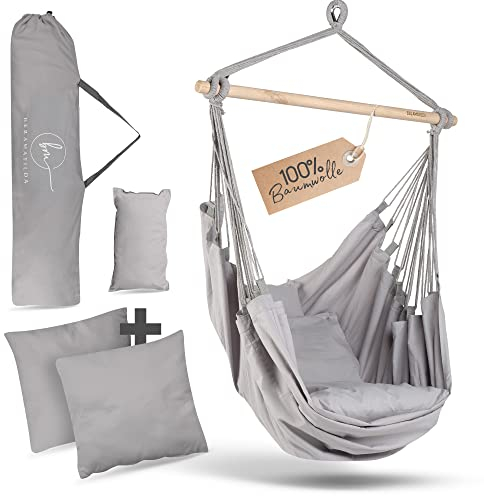 BELLAMATILDA® HÄNGESESSEL 100% Baumwolle | breites Tuch und 3 Kissen | Hängestuhl Outdoor & Indoor | XXL Hängesitz für Erwachsene & Kinder bis 150 kg (Länge 120_x_Breite 160_cm, Hellgrau)