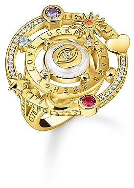 THOMAS SABO Cocktailring im kosmischen Design mit bunten Steinen vergoldet 750 Gelbgold Vergoldung, Kaltemail, 925 Sterlingsilber