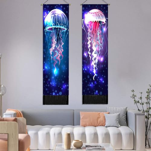 Ricemru Schmaler Wandteppich Psychedelic Trippy Quallen 2er Set Wandbehang Fantasy Schwarzlicht Bunt Unterwasserwelt Wandteppiche Wanddeko Wandkunst Deko für Schlafzimmer