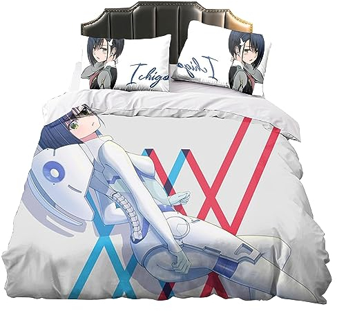 Lzrong Darling in The FRANXX Zero Two/02 Bettwäsche Set Bettbezug mit Kissenbezug,Weich und Hautfreundlich Cartoon Bettwäsche Geschenk für Animefans