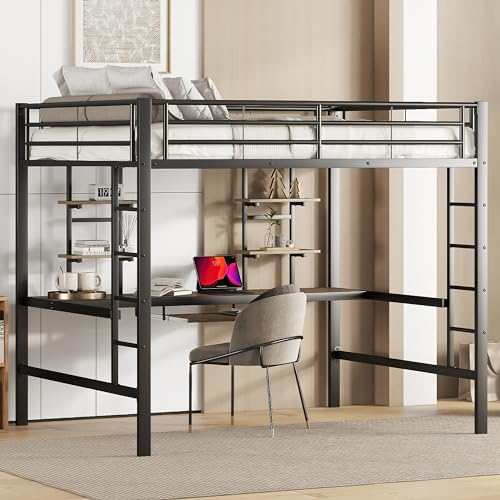 Merax Metallbett Eisenbett Hochbett Multifunktionales Metallbettgestell: Hochbett mit integriertem Schreibtisch und Bücherregalen - Perfekt für Kinder, Jugendliche und Erwachsene - 140x200cm, Schwarz
