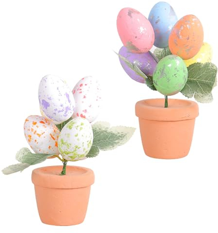 LKPOMI 2er-Pack 17 cm Große Ostereier-Topfpflanzen, Künstlicher Osterbaum mit Bunten Eiern, Dekorativer Baum, Tischdekoration für Zuhause, Party, Hochzeit, Urlaub, Osterdekoration(Mehrfarbig/Silber)
