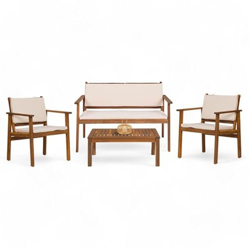 IDMarket - Lounge für den Garten, niedrig, Jakarta, 4-Sitzer, Akazie, mit Sofa, Sesseln, Tisch und Kissen, Beige