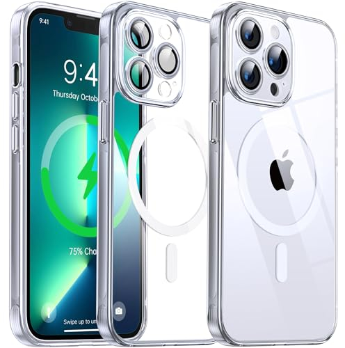 Flyzoo Clear Magnetic Case for iPhone 13 Pro (6.1'') with Camera Protector, [Compatible with MagSafe] [Non-Yellowing] [Shockproof & Antiscratch Protection] Hard Transparent Cover with Silicone, Silver