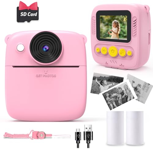 NUOTUN Sofortbildkamera Kinder, Kinder Kamera mit Fotos drucken, 2,0 Zoll HD Bildschirm, 8X Zoom, 1080P Digitalkamera mit Druckpapier & Karte, Kinderkamera Geschenk mädchen & Junge 3-12 Jahre (Rosa)
