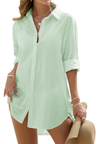 RITOSTA Women Beach Cover Up Button Down Shirt Beachwear Beach Dresses Long Sleeve Blouse Swimwear Bikini Swimsuit Cover Up Casual Shirt Dresses with Pocket