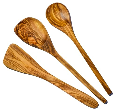 Cleminson Handcrafted Olive Wood Utensils – Wooden Spatula, Spoon & Sauce Spoon with Corner or 3-Piece Set (3-Piece Set)