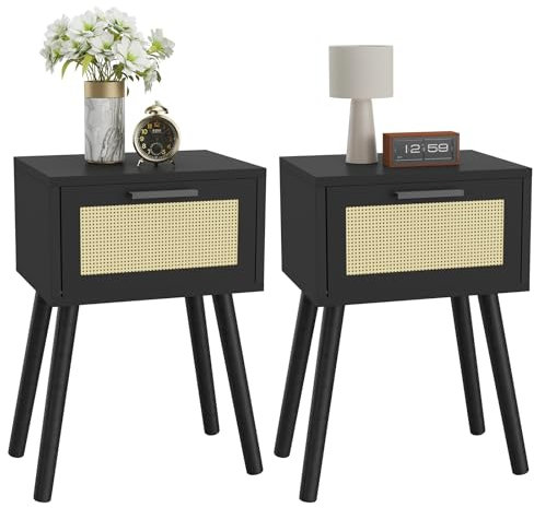 YMYNY Rattan Nachttisch 2er Set, Beistelltisch, Boho-Nachtschrank mit Magnetschublade, Massivholz Beinen, 35x27x53 cm, Sofatisch, Couchtisch für Wohnzimmer, Büro, Schlafzimmer, Schwarz HST010B-2