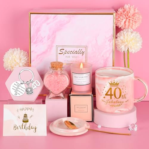 TOLOYE 40th Birthday Gifts: Candles, Coffee Cup, Card, Bath Salts & Pamper Self Care Package for Best Friend, Sister, Wife, Mum