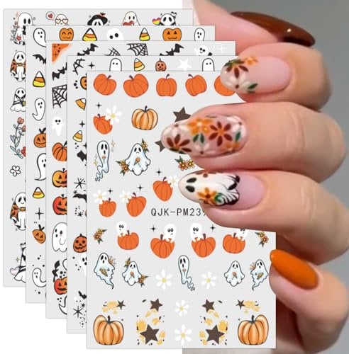 Halloween Nail Stickers, 12 Sheets Self-Adhesive Nail Decal Ghosts Pumpkin Star Nail Art Decoration Design Supplies