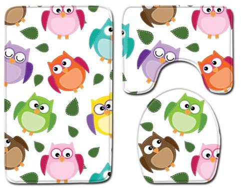 Bad Teppiche Set 3-Teiliges Eule Grün Lila WC Vorleger Mit Ausschnitt Badematte Saugfähig WC Deckelbezug Badvorleger rutschfest Waschbar Toilettensitzbezug Badgarnitur (45x75cm)