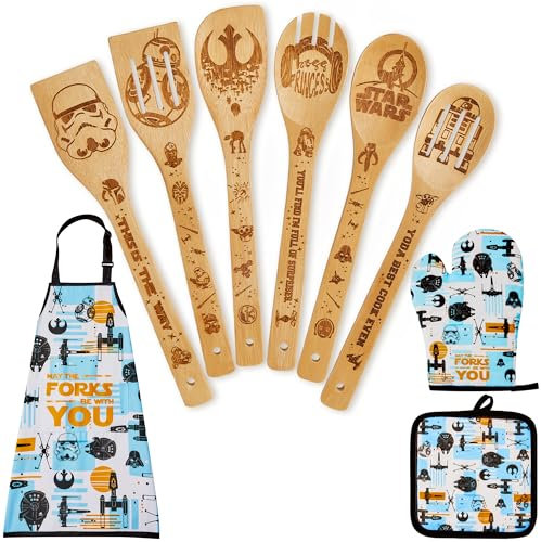 Star Gifts for Women,Home Decor,War Kitchen Utensils Set,Wooden Cooking Spoons with Apron Oven Mitt Potholder for Fans,Best Birthday Wedding and Housewarming Christmas Presents 9 pcs