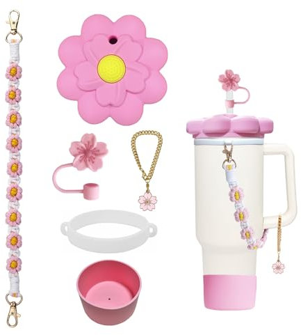 Stanley Charms Becherzubehör für Stanley Cups, 1,2 l, inklusive 1 x Wasserflaschengriffband, dekorativer staubdichter Kratzdeckel, Silikon-Trinkhalm-Aufsatzkappe, Kofferraum, 5 Stück (Rosa)