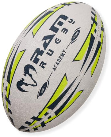 Ram Rugby Academy Trainer Rugby Ball (Size 3) 3 ply, Club Quality Rugby Training Ball - 3-D Grip for ultimate Passing & Catching Control – Suitable for Youth, Kids & Children