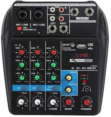 Amplificatore audio stereo Mixer audio audio a 4 canali Mini console DJ di missaggio portatile Compatibile con raggio di trasmissione esteso