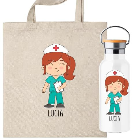 Pack Botella termica + Bolsa personalizada con ilustracion de enfermera, regalo para enfermera ideal, elige el color de pelo y el nombre. (Botella enfermera Pelirroja personalizada)