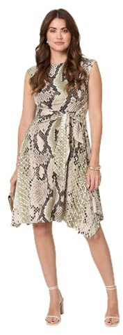 Izabel London Snake Print Boat Neck Hanky Hem Short Dress for Women UK with a tie Waist and a Sleeveless fit. Green