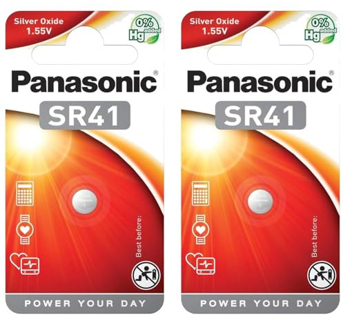 PANASONIC - Lote de 2 ampollas de 1 pila de botón SR41 (SR41 EL), color plateado