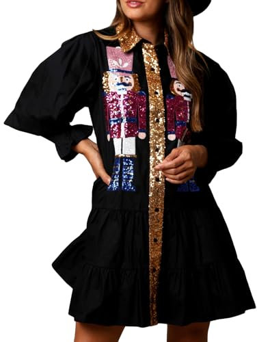 FeMereina Damen Weihnachten Pailletten Nussknacker Kleid Langarm gestufter Glitzer Nussknacker Print Urlaub Mini Shirt Kleider, Schwarz , L
