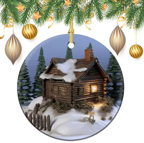 2024 Runde Weihnachtsornamente zum Aufhängen, Weihnachtsbaumspitze, Ornament, Holz, rustikales Holzhaus, Landschaft, Baumspitze, Dekoration, Keramik, Kreis, hängende Anhänger für Weihnachtsbaumspitze,