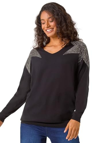 Roman Hotfix Star Detail Shoulder Jumper for Women UK - Ladies Autumn Everyday Winter Holiday V-Neckline Comfy Long Sleeve Soft Warm Feel Sweater Office Work Tops - Black - Size 8