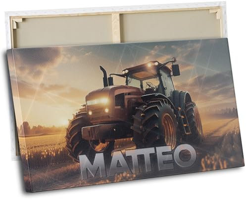 timalo® Kinderzimmer Wandbild Bild auf Leinwand Kinder Bilder für die Wand Leinwandbild xxl personalisiert mit Namen Mädchen Jungen Bild fürs Teenager Zimmer | 60 x 40 cm Traktor, Bulldog
