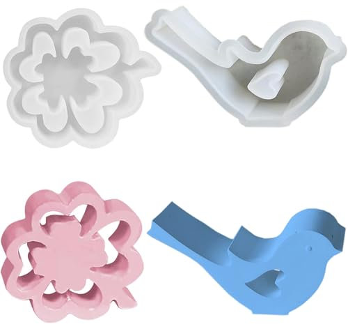 Guyode 2 Stück Silikonform Gießform, Silikonform Vogel, Resin Formen, Epoxidharz Formen Silikon, Frühling Kerzengießform Silikon Gießform für DIY Handwerk (Glücksklee+Vogel)