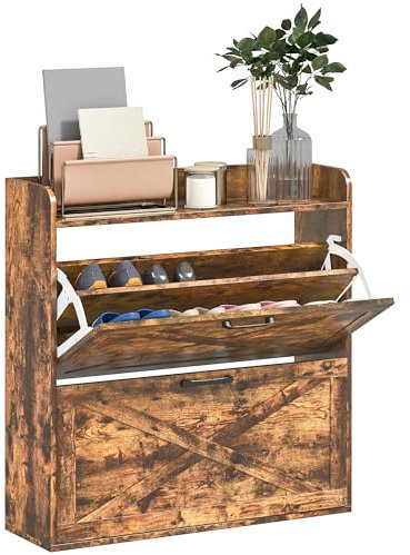 HOMCOM Armario Estrecho para Zapatos de 2 cajones, Armario de Granja para Zapatos con estantes Ajustables y Puerta de Granero para Entrada, Pasillo, marrón rústico