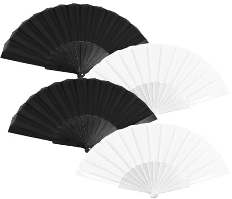 4Pcs Paper Fans Handheld, Chinese Spanish Foldable Handheld Fan, Fabric Hand Fan, Hand Fan Folding for Women for Dancing Cosplay Props Wedding Summer Festival Party Decorations Gifts (Black+White)