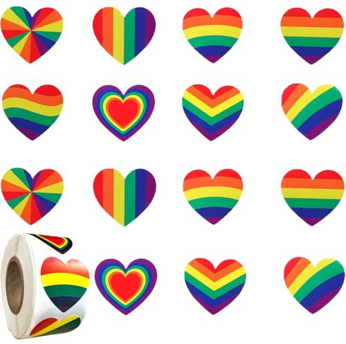 LGBTQ Pride Stickers, 500Pcs Rainbow Sticker Labels 1 inch Heart Shaped Stickers Colourful Gay Pride Sticker for Party Gift Wrap Envelopes