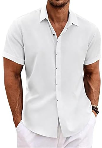PADOLA Chemise Lin Homme Manches Courtes Boutonnée Chemisette Homme Chemises d'été Unie Chemise de Plage en Coton Coupe Régulière Tee Shirt Décontracté Chemiser (6 Blanc, XL)